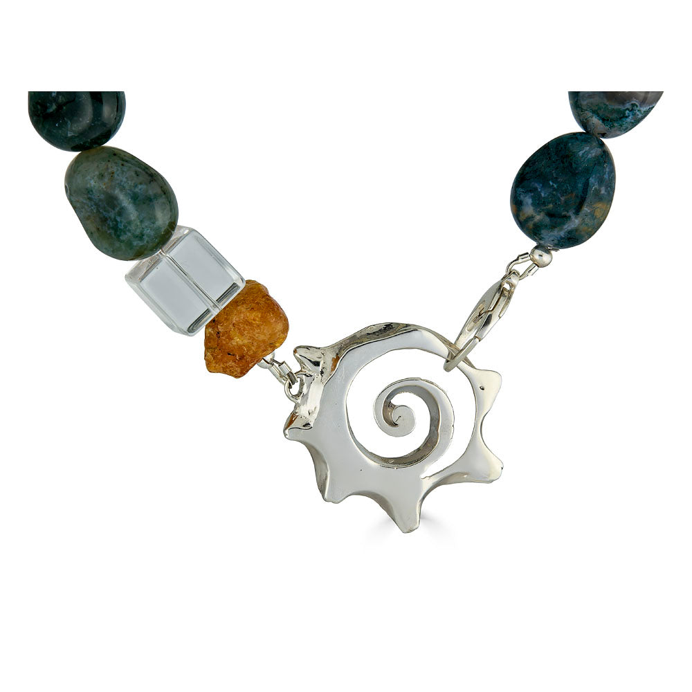 Gemstone Sliced Shell Link Necklace, Moss Agate