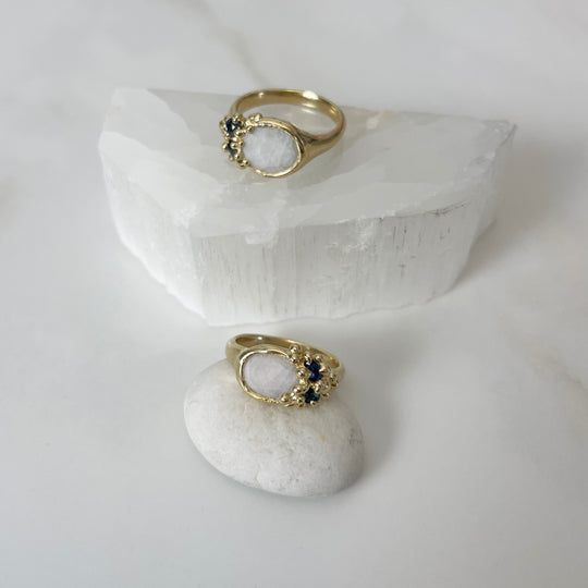 Beach Stone + Sapphire Froth Ring, 14k